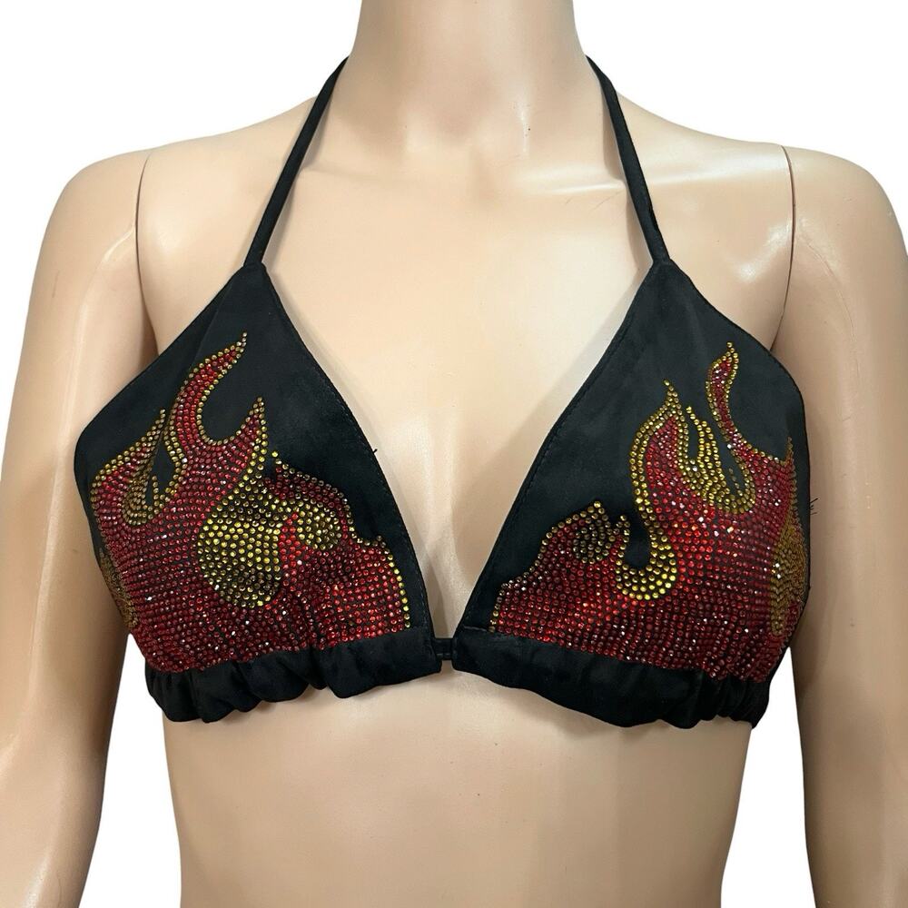 Shein Flame Rhinestone Faux Suede Bra Top Size 2 Festival Rave Halter Neck